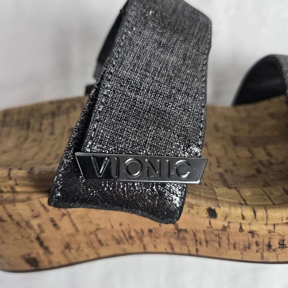Vionic Pepper Foil Black Metallic Cork Wedge Platform Slide Sandals Womens 8